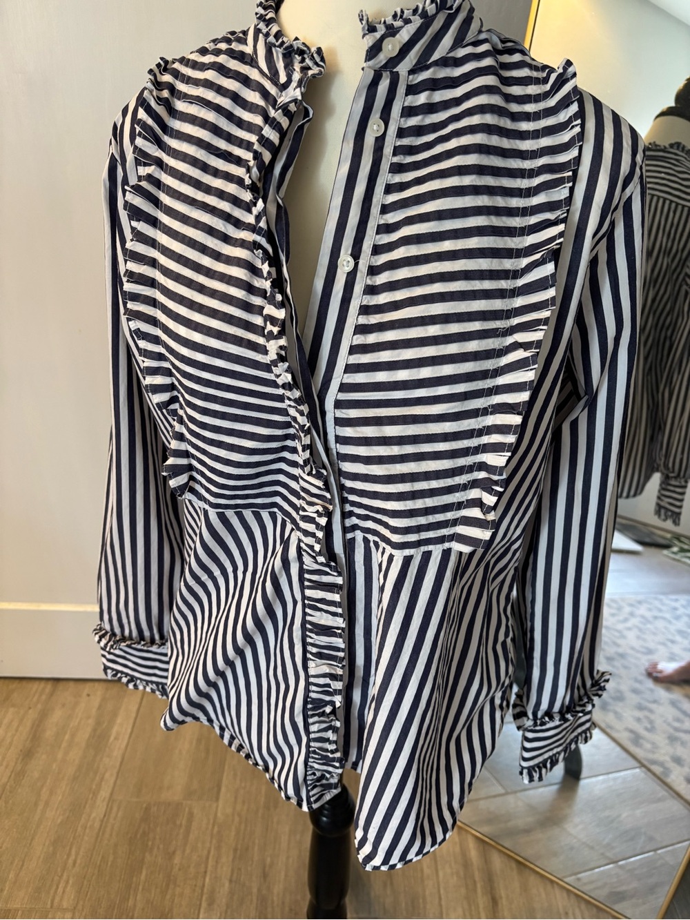 J Crew Striped Ruffle Front Button-Up Blouse - Navy & White